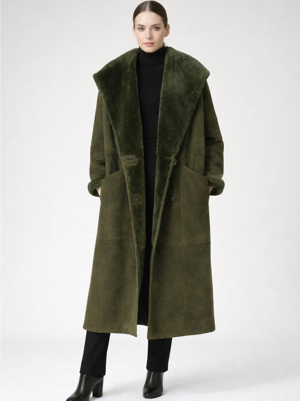 LIKE NEW! Designer Hooded Suede Shearling Coat Long olive green Fall 10 M L
